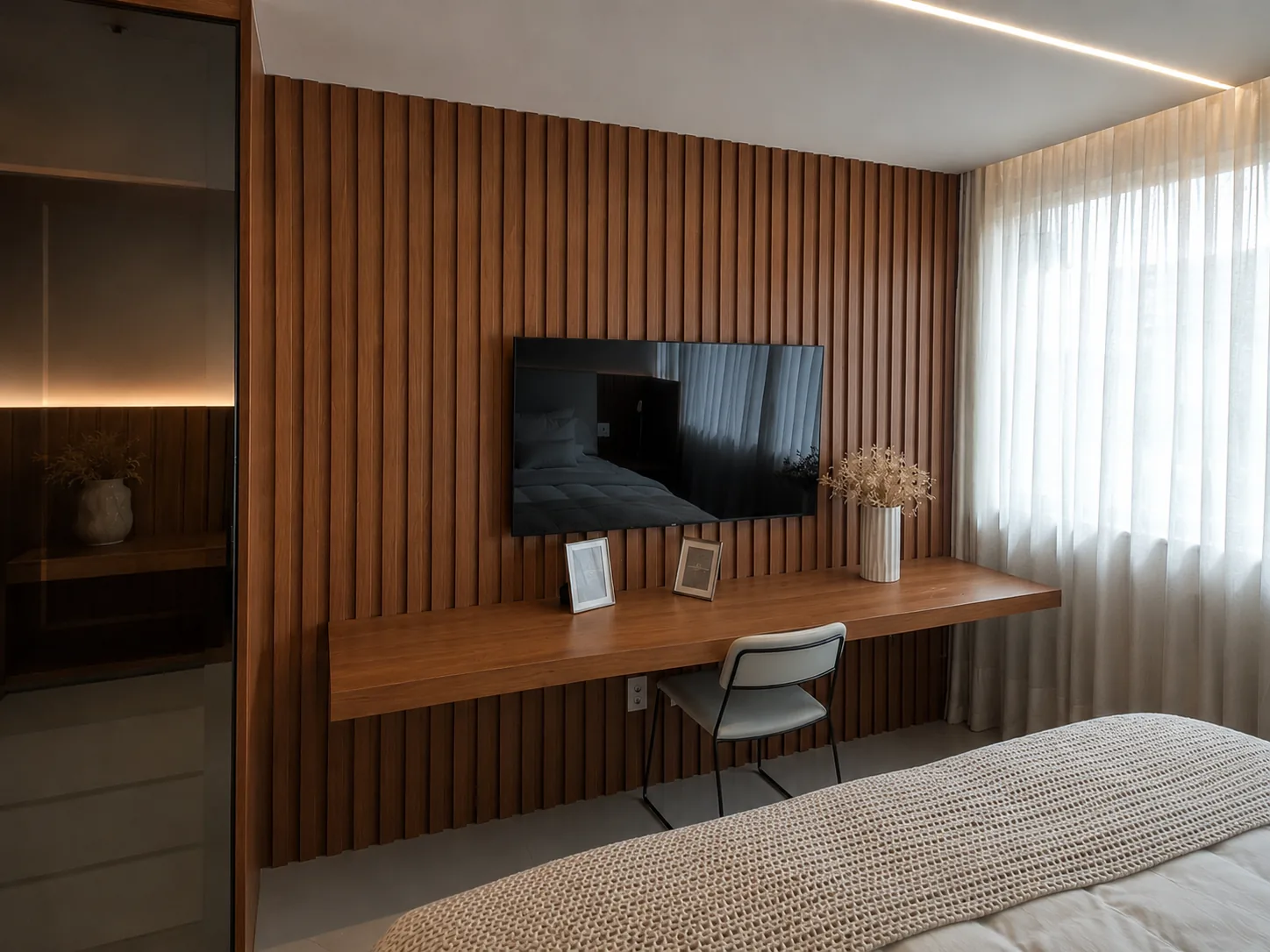 Quarto planejado com painel ripado em madeira, televisão integrada e bancada suspensa para apoio