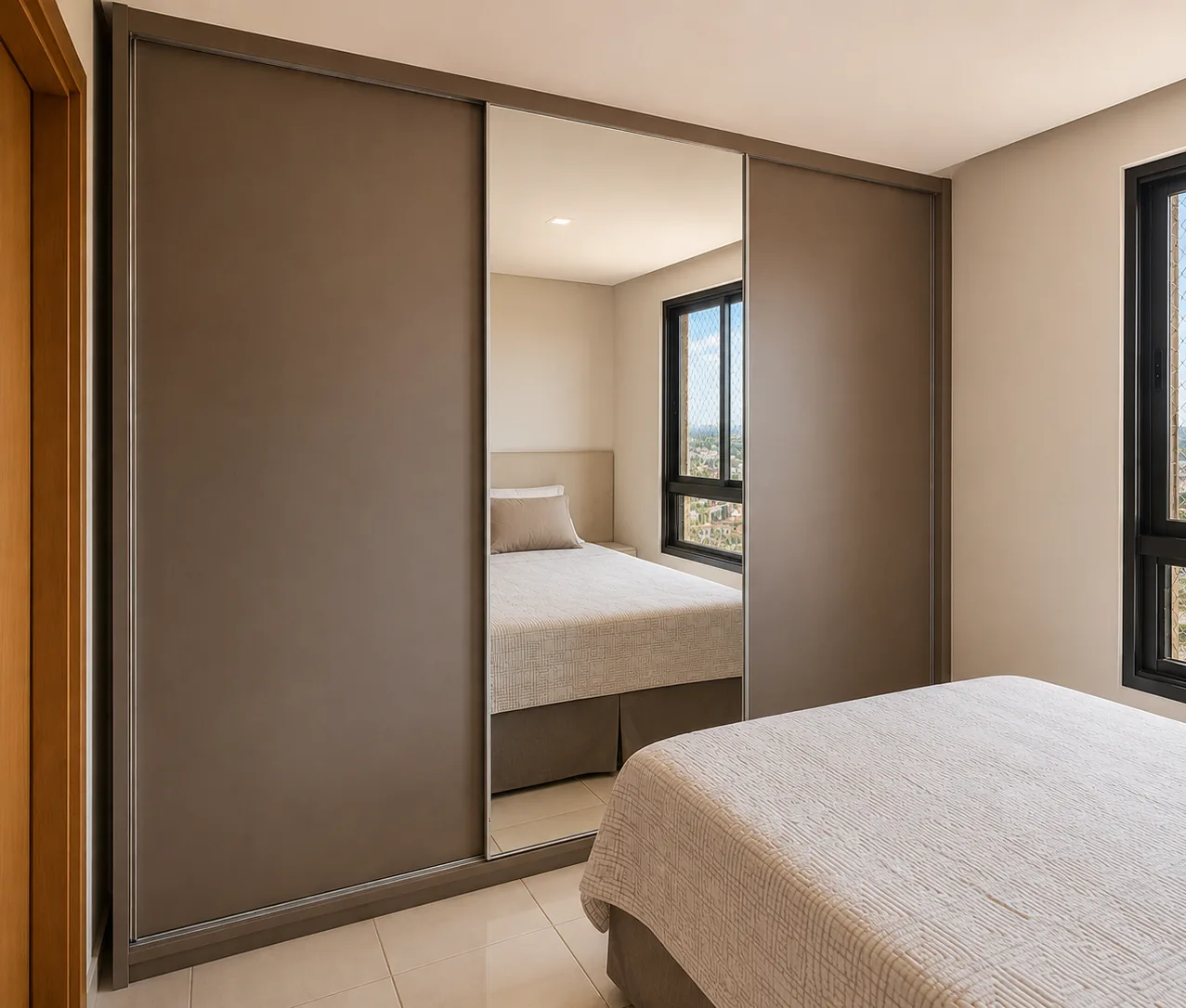 Guarda-roupas planejado com portas de correr fendi e espelho central