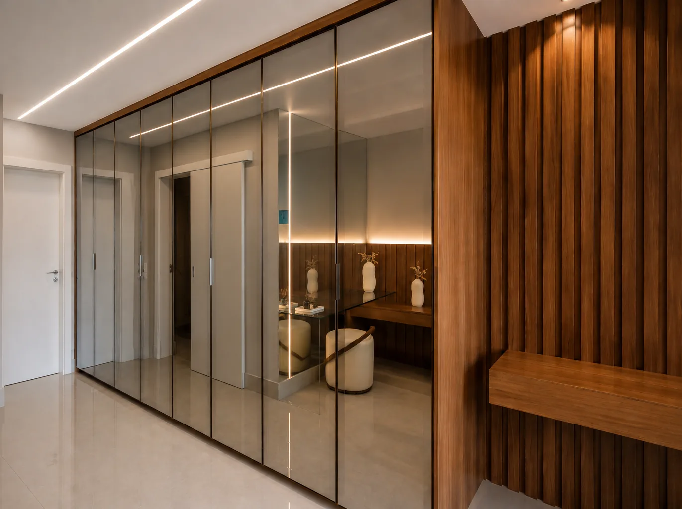 Guarda-roupas planejado com portas espelhadas, iluminação linear e painel ripado em madeira